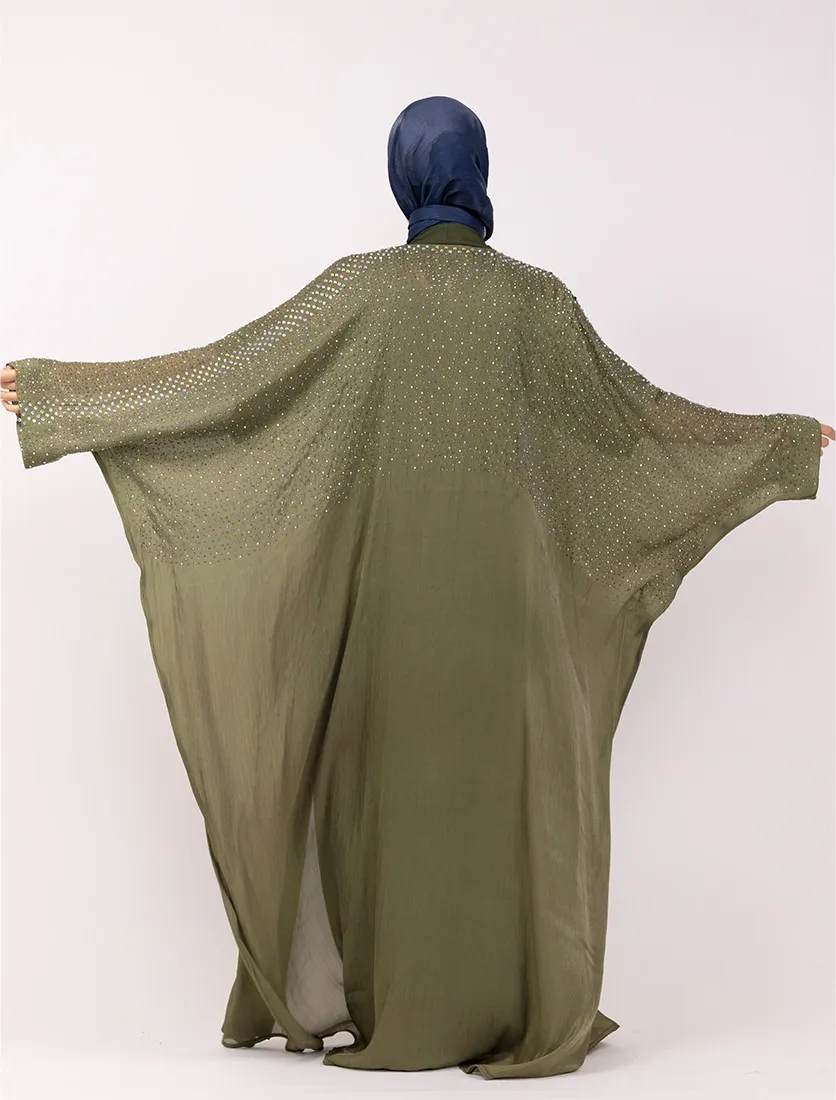 Olive Sparkle Crystal Embellished Sheer Overlay Abaya